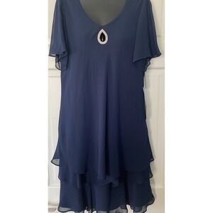 Onyx Nite Lined Solid Blue Chiffon Dress Size 14 Embellishments Party Holiday